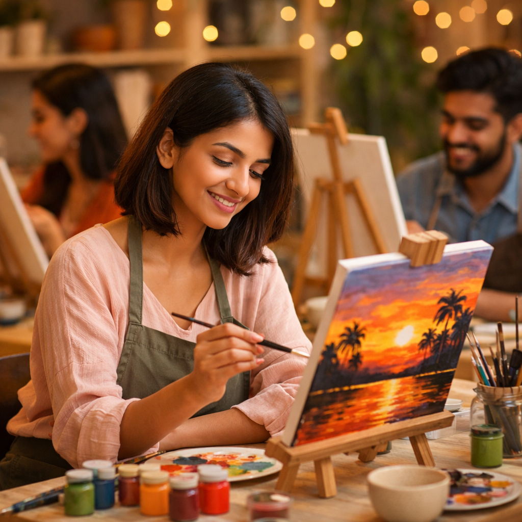 painting workshops in hyderabad with participants creating sunset art